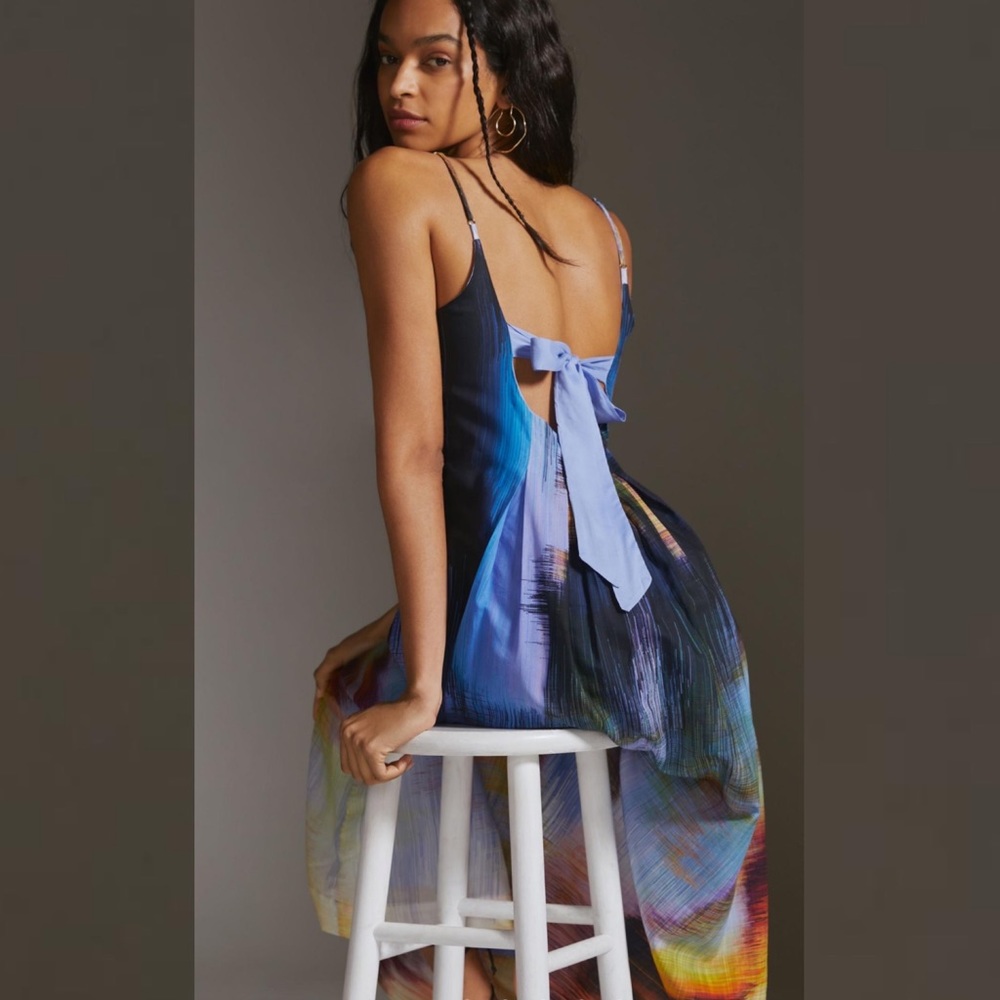 Anthropologie Nikki Pleated Maxi Dress Blue Motif